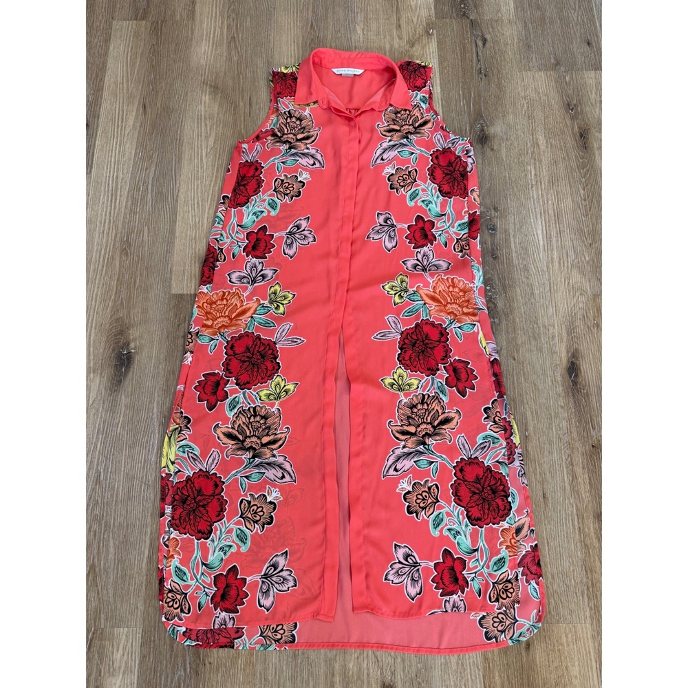 Peter Nygard Floral Sleeveless Duster Cardigan Women 6 Coral Button Front Boho